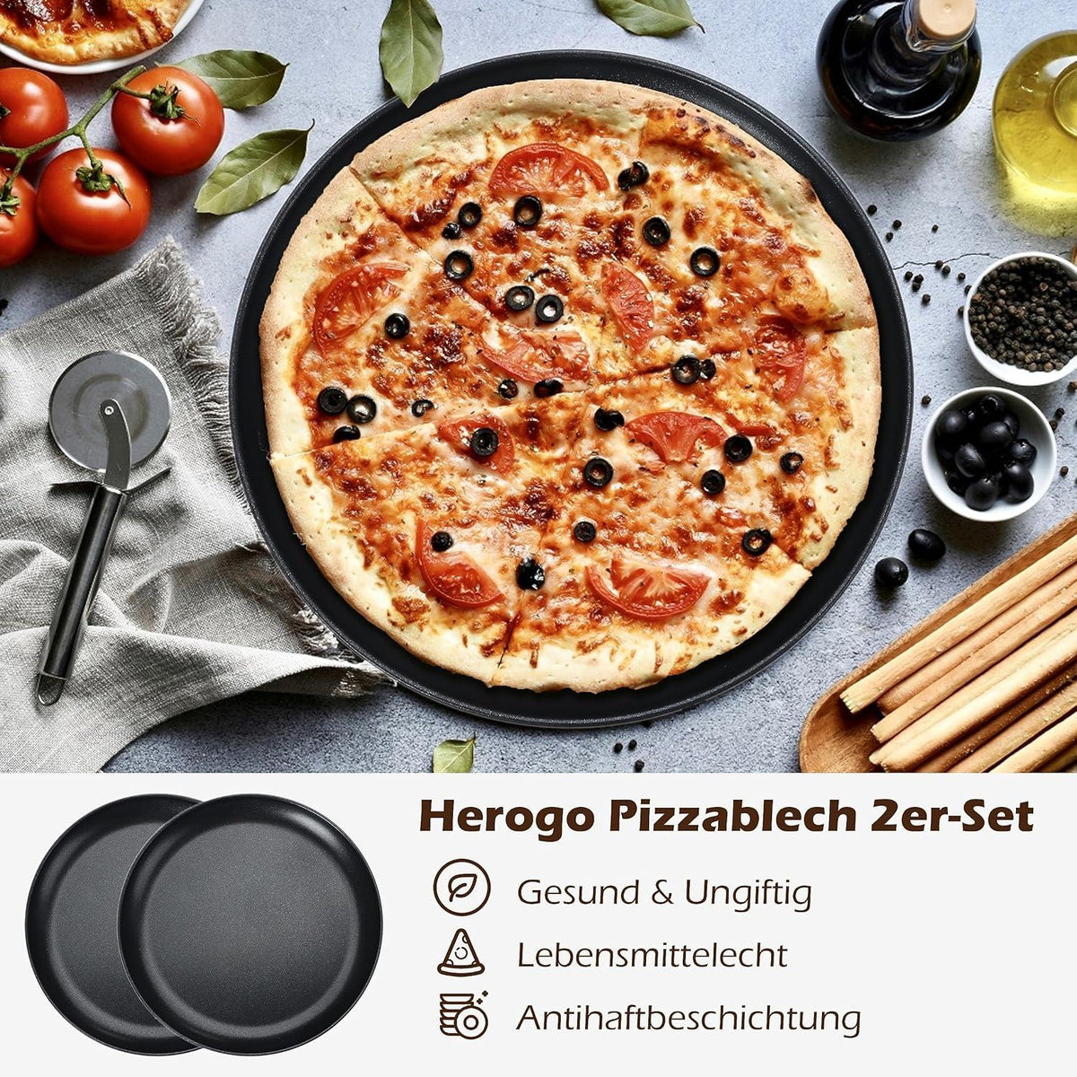 Herogo Pizzablech Set Rund 26 cm Antihaftbeschichtet Schwarz