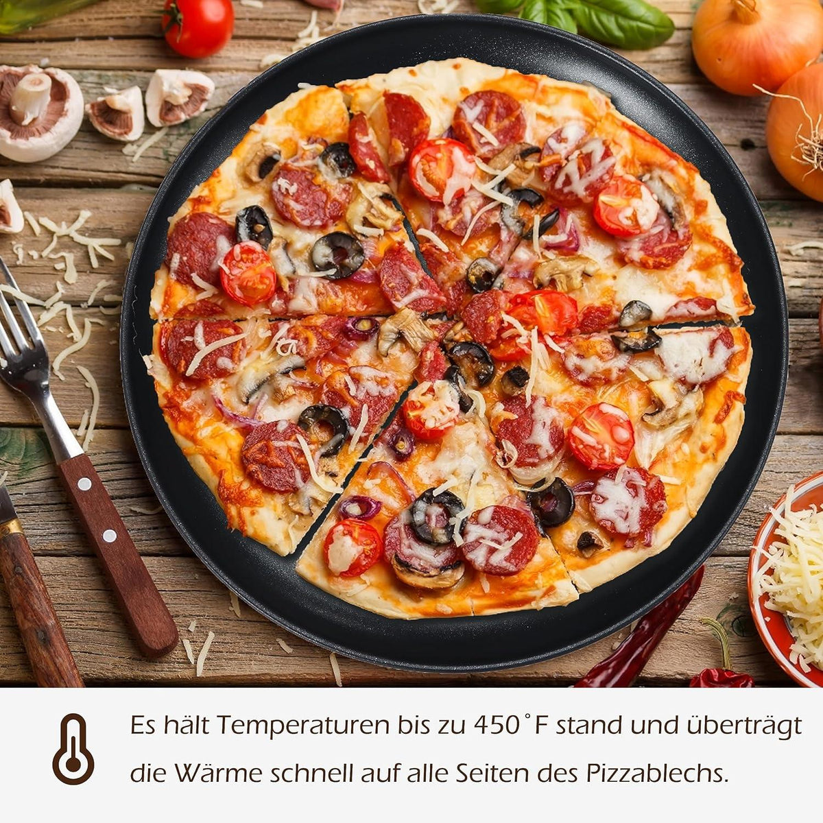 Pizzablech Set 2er ∅ 26cm Rund Edelstahl Antihaftbeschichtet Schwarz