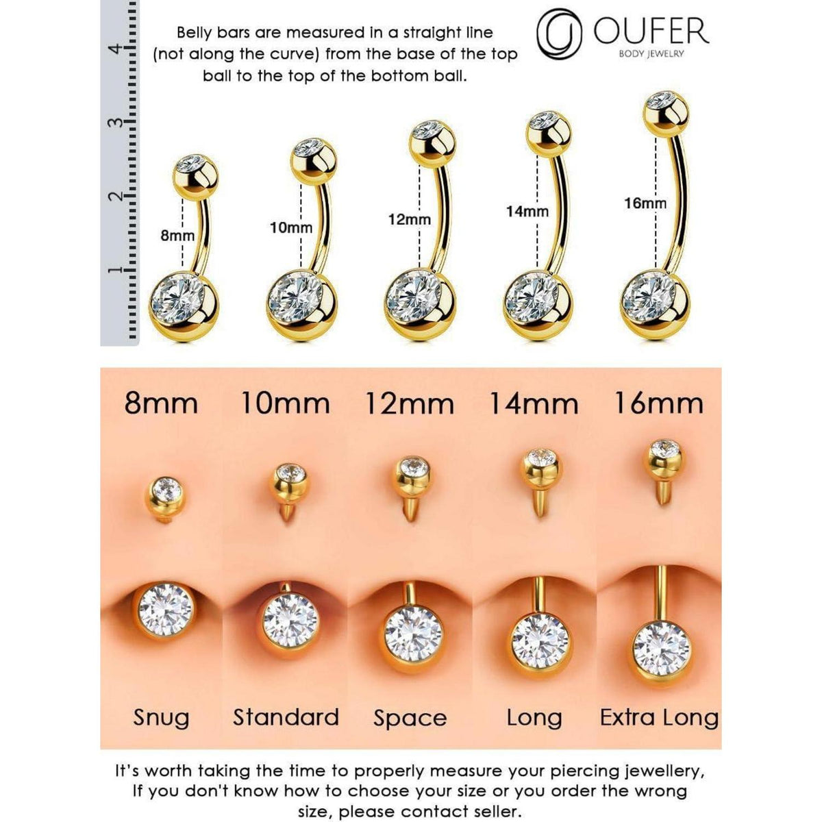 Bauchnabelpiercing Titan Gold 14mm mit klaren CZ Kugeln