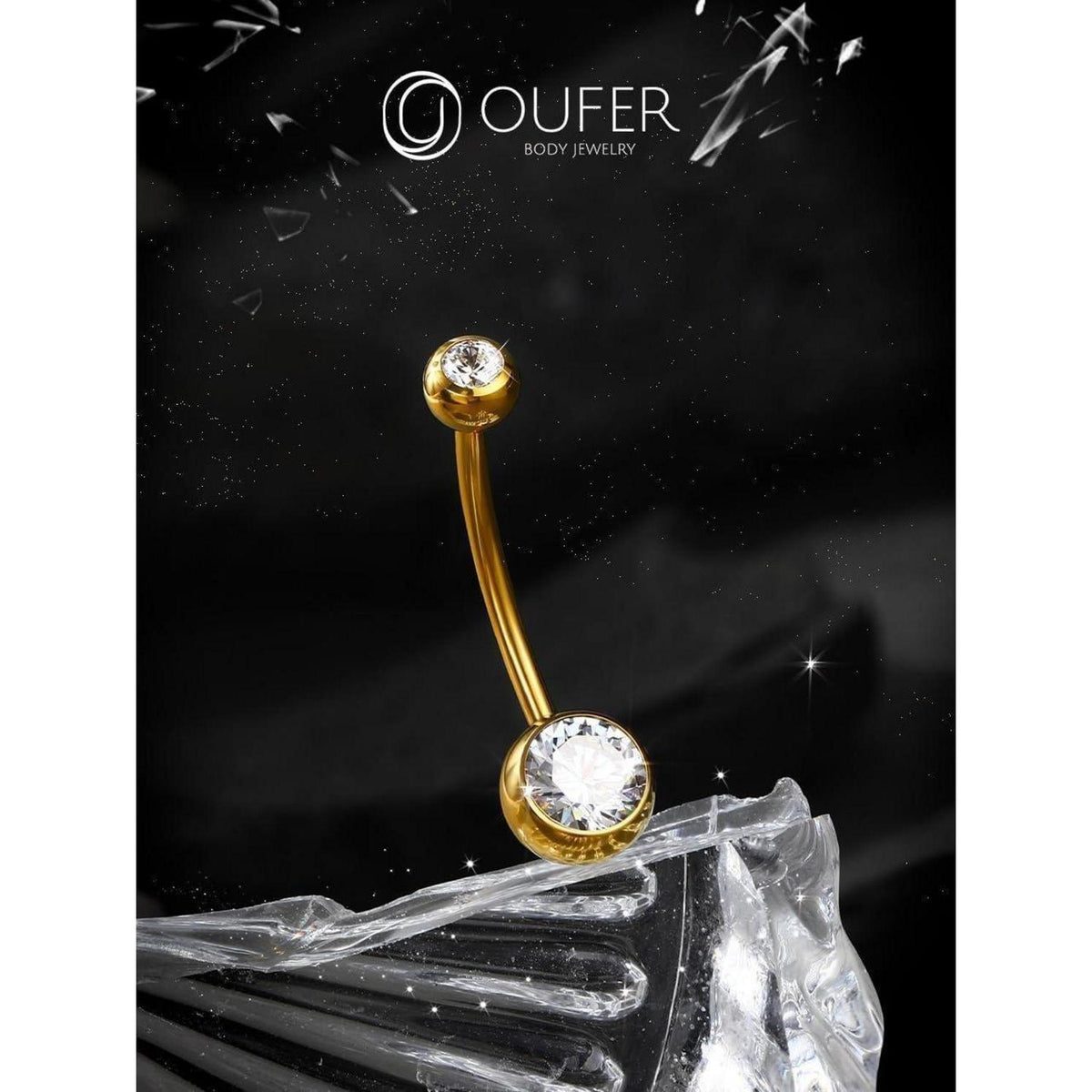 Bauchnabelpiercing Titan Gold 16mm mit Zirkonia Kugeln