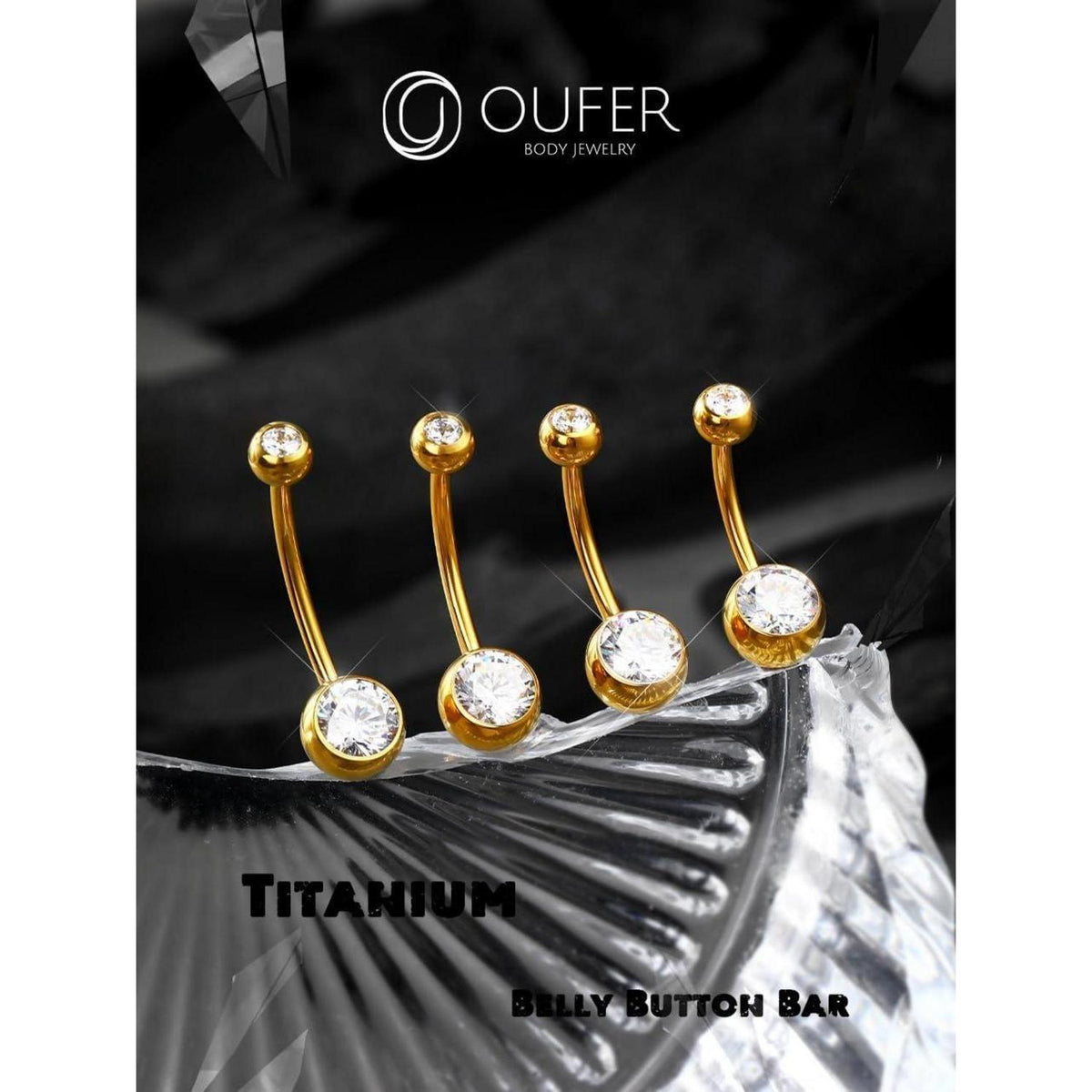 Bauchnabelpiercing Titan Gold 12mm mit klaren Zirkonia Kugeln