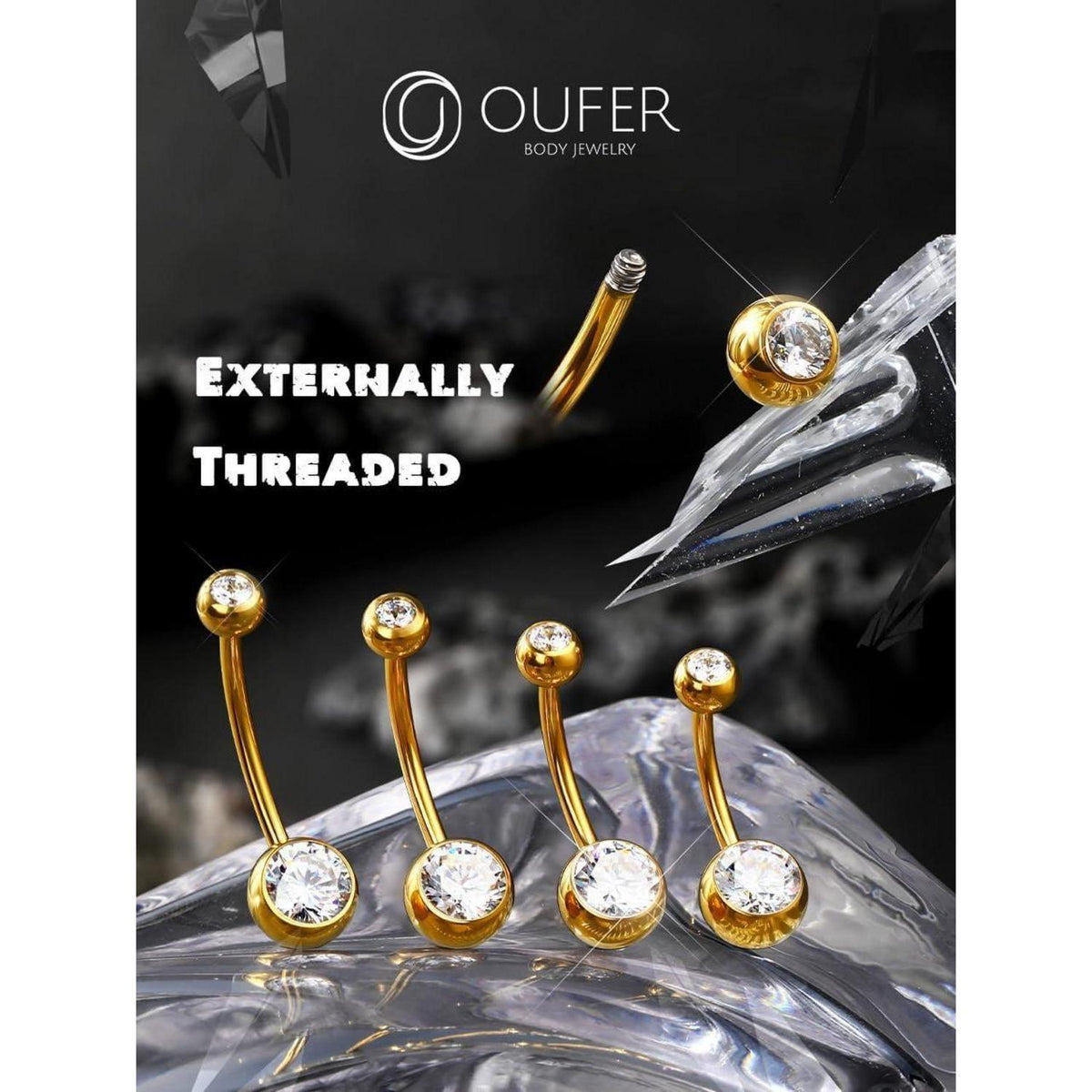 Bauchnabelpiercing Titan Gold 10mm mit CZ Kugeln