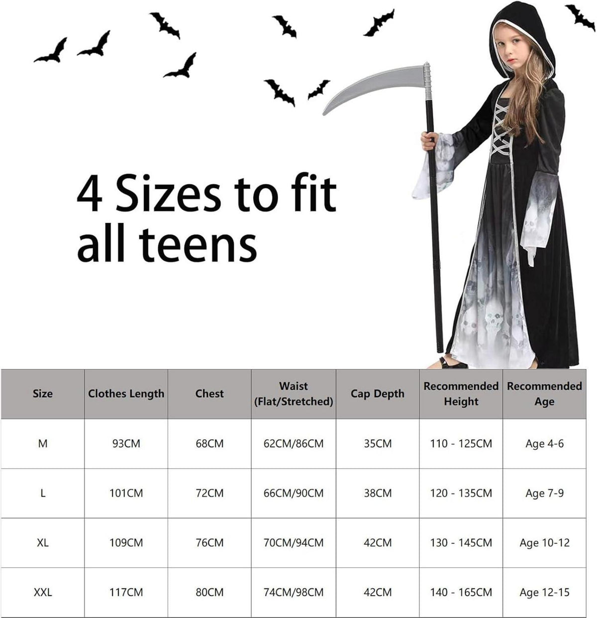 Halloween Kostüm Sensenmann Mädchen XL Schwarz Ghost Princess