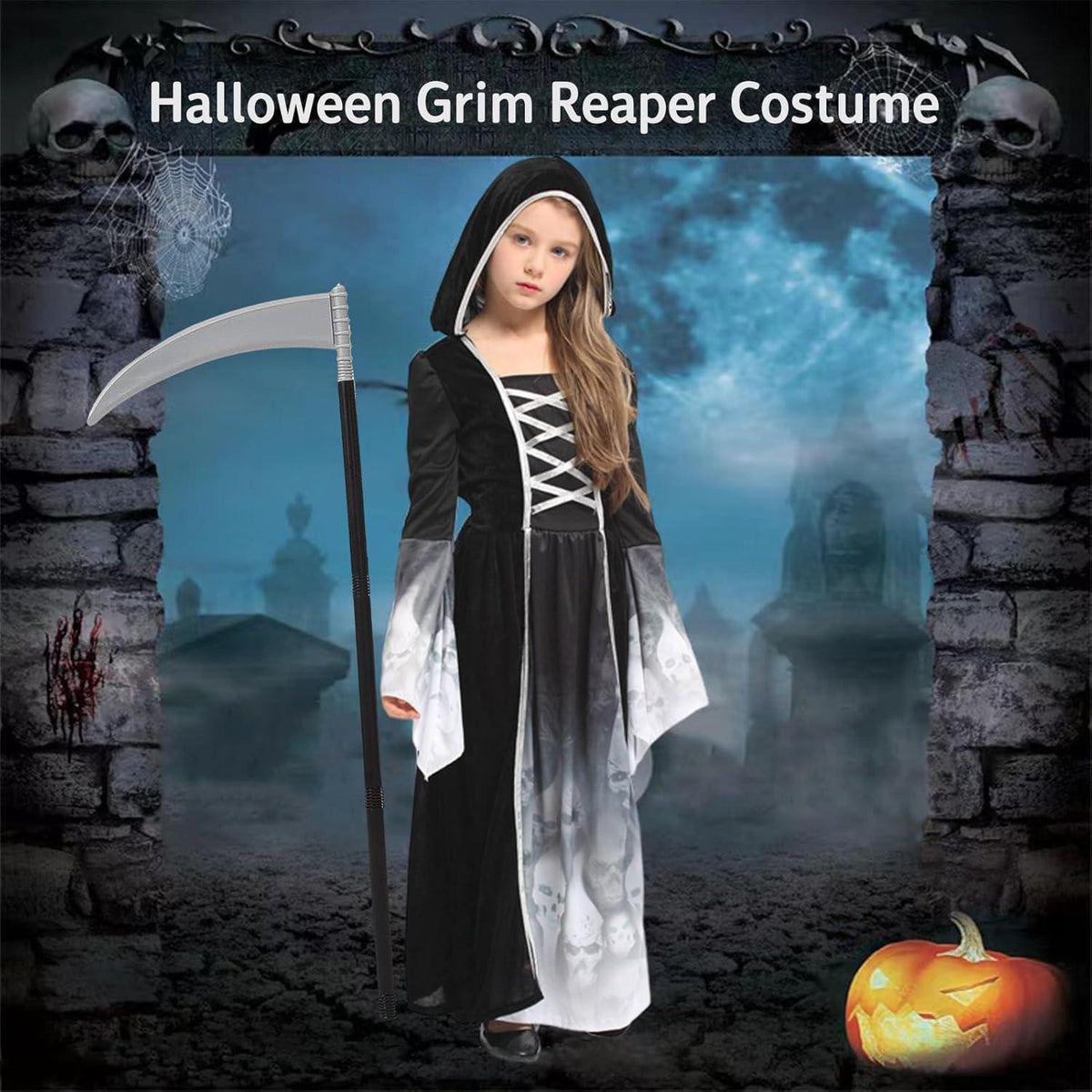 Halloween Kostüm Sensenmann Mädchen Sense Schwarz XL 10–12 Jahre