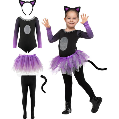 Katzenkostüm Mädchen Halloween Tutu Rock Set Lila Schwarz