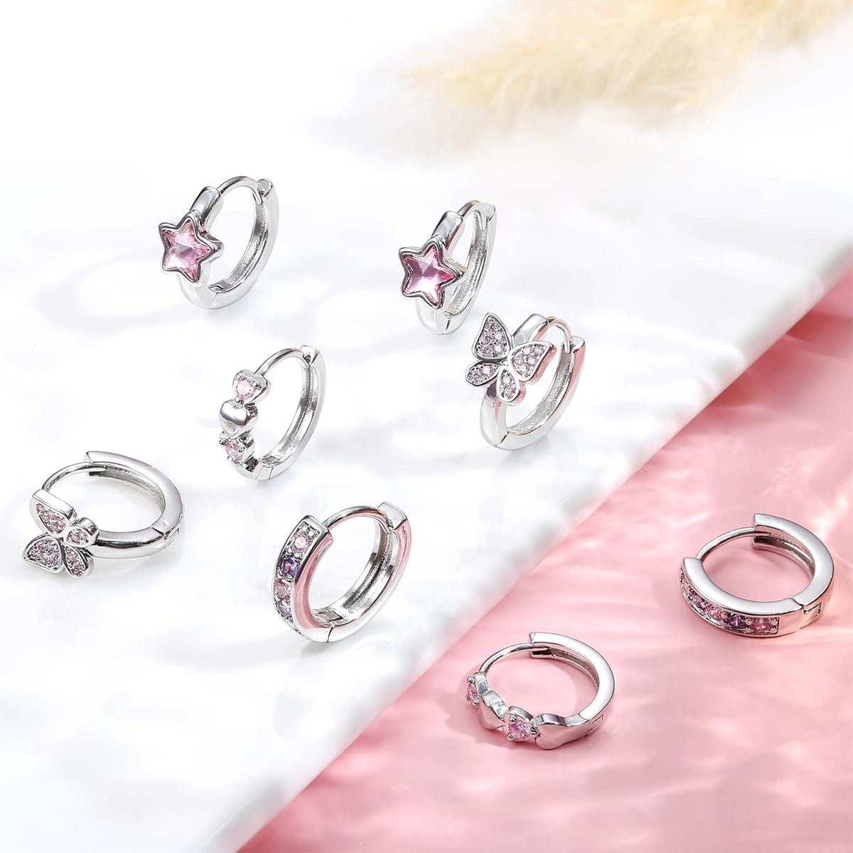 4 Paar Kleine Silber Zirkonia Herz Stern Schmetterling Creolen Set