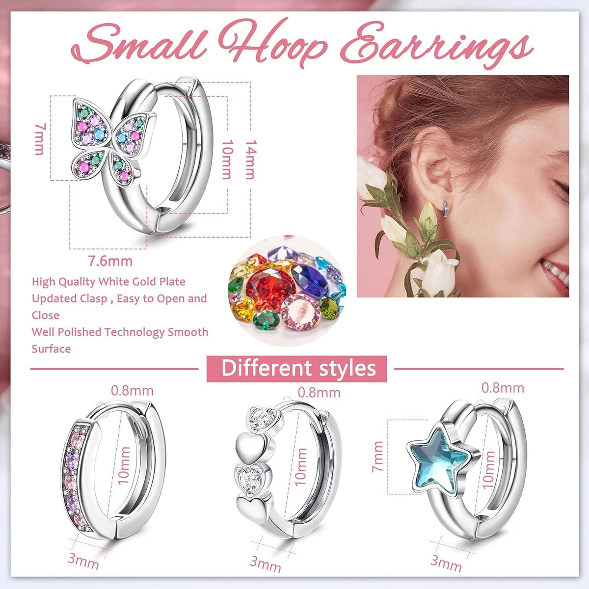 Kleine Silber Creolen Ohrringe Set Zirkonia Damen Mädchen