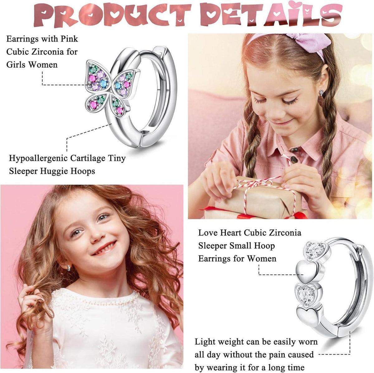 Kleine Silber Creolen Ohrringe Set Zirkonia Mädchen Geschenk
