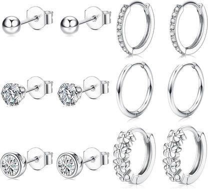 Kleine Silber Ohrringe Set Zirkonia Ohrstecker & Creolen Hypoallergen