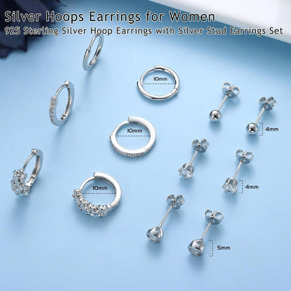 6 Paar Silber 925 Ohrringe Zirkonia Ohrstecker Creolen Set 925 Silber