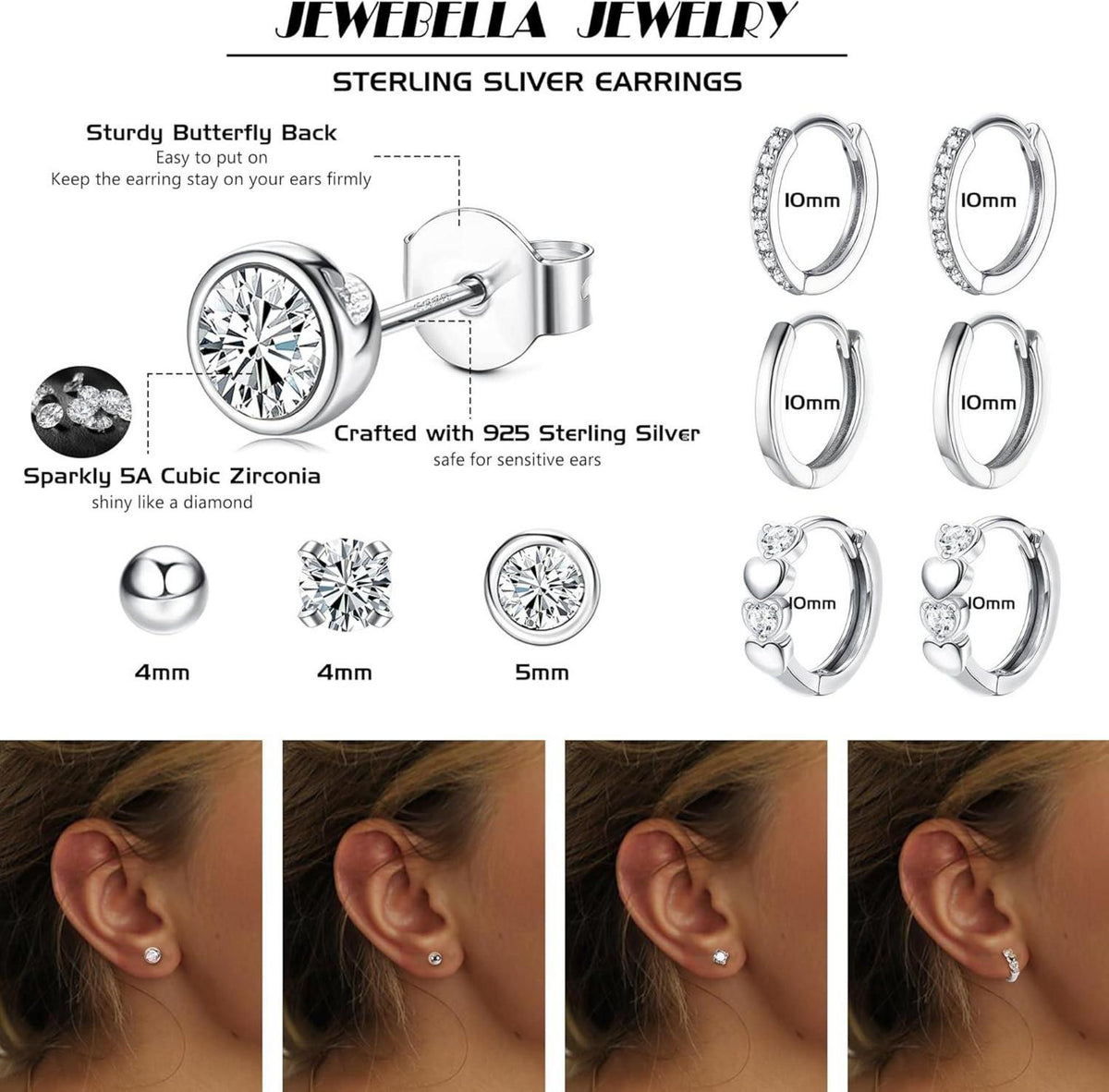 Ohrringe Silber 925 Set Damen Mädchen Creolen Zirkonia