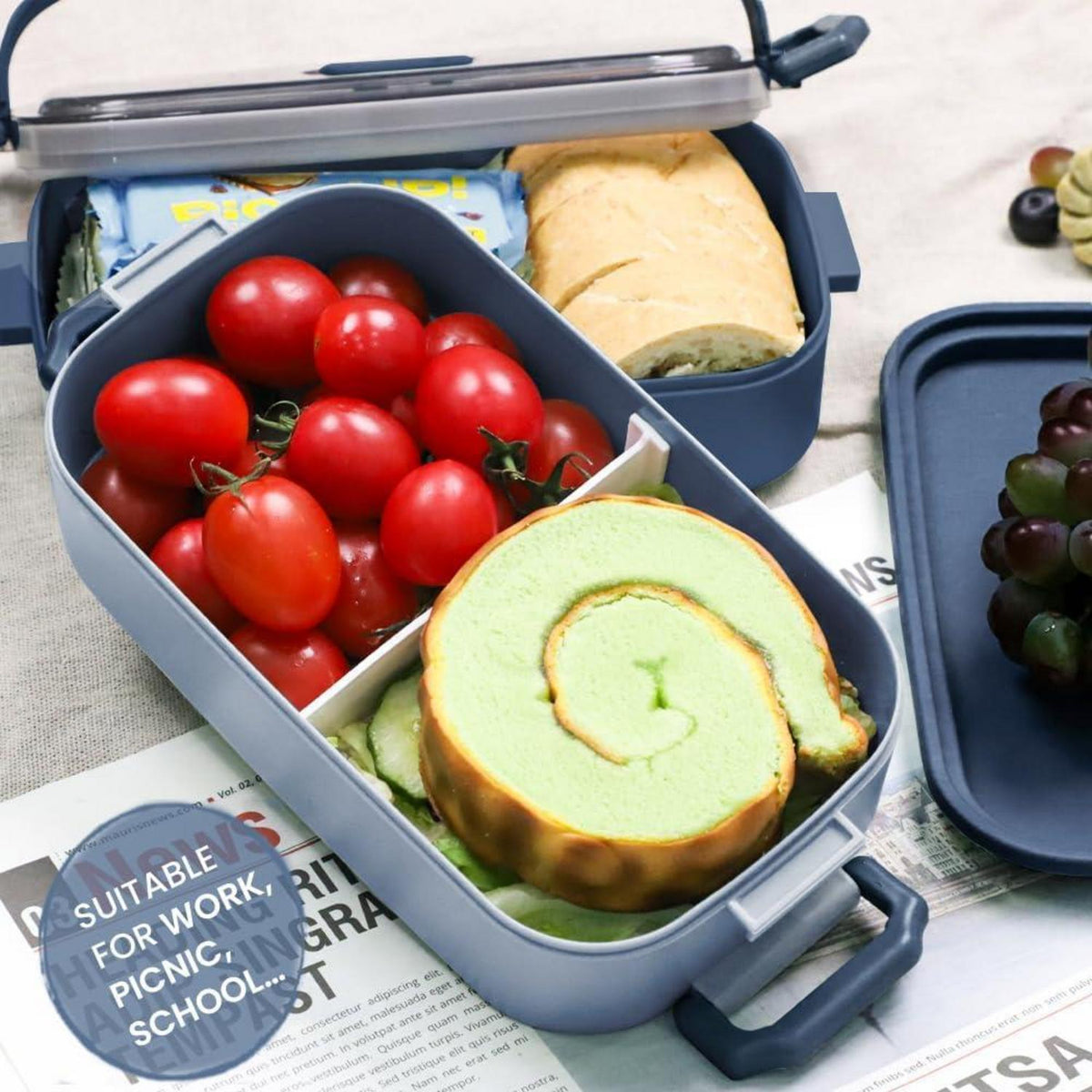 Bugucat Lunchbox 1600ML Bento Box Auslaufsicher Luftdicht Besteckset Blau
