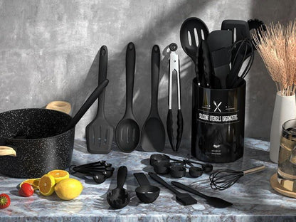 Silikon Küchenhelfer Set 22 Stück Schwarz Utensilienhalter