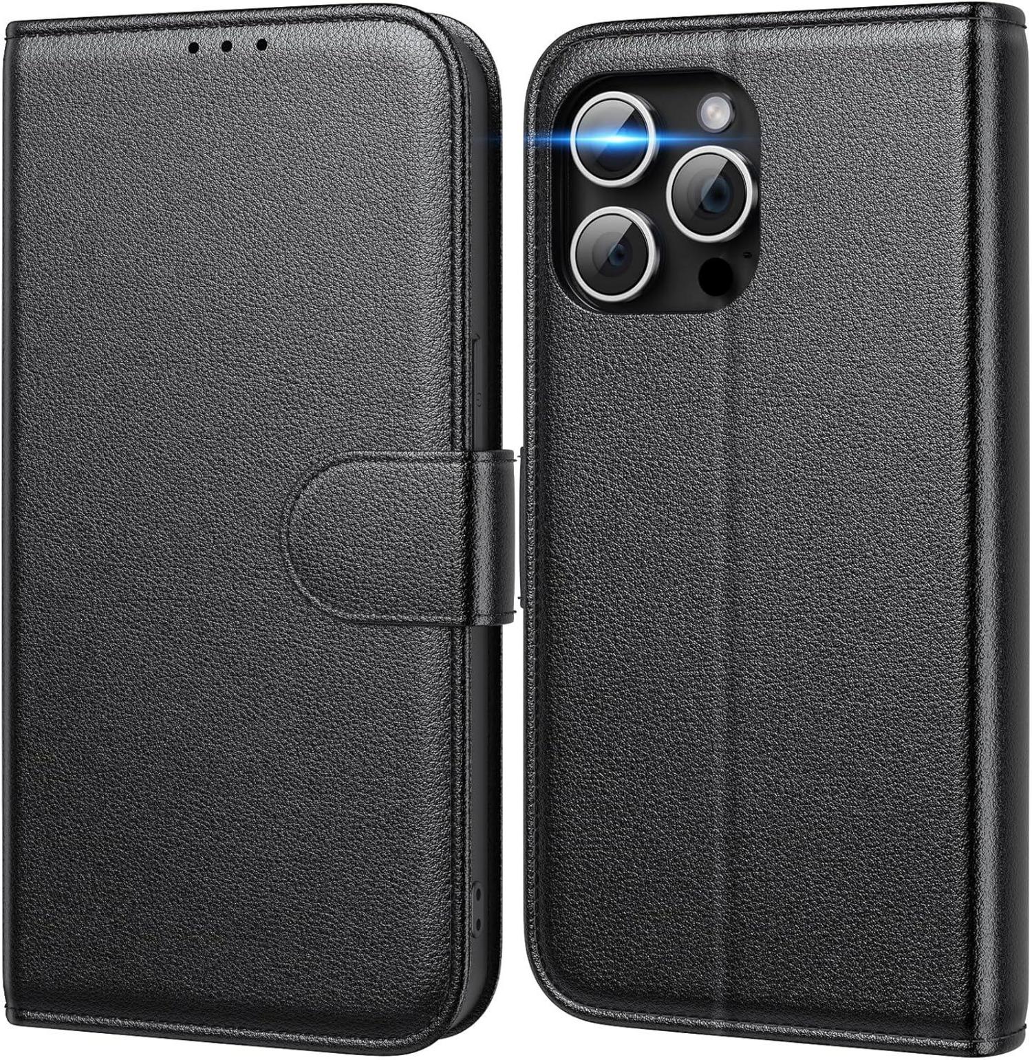 iPhone 15 Pro Handyhülle Echtleder RFID Magnet Stand Schwarz