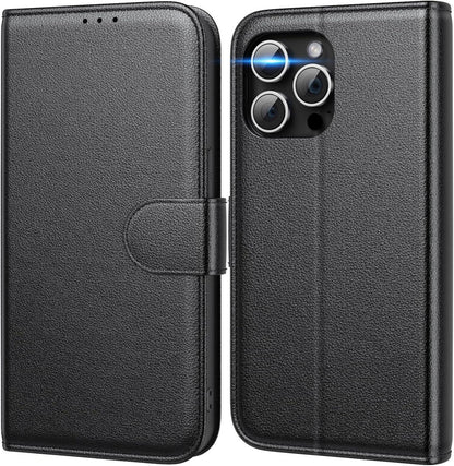 iPhone 15 Pro Handyhülle Echtleder RFID Magnet Stand Schwarz