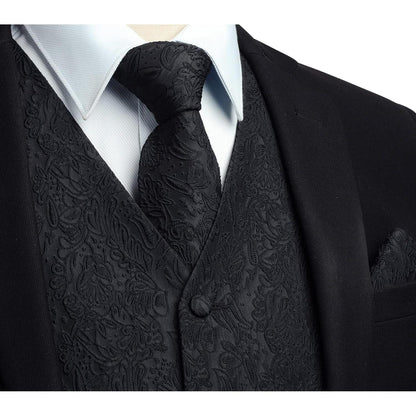 Herren Weste Krawatte Einstecktuch Set Jacquard Seide M Schwarz