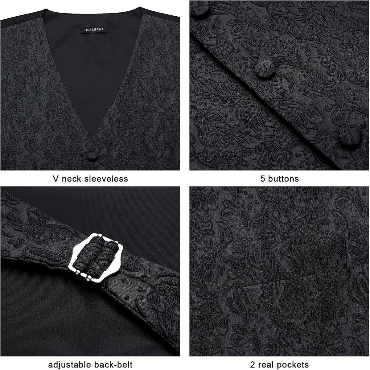 Herren Weste Krawatte Einstecktuch Set Jacquard Seide M Schwarz