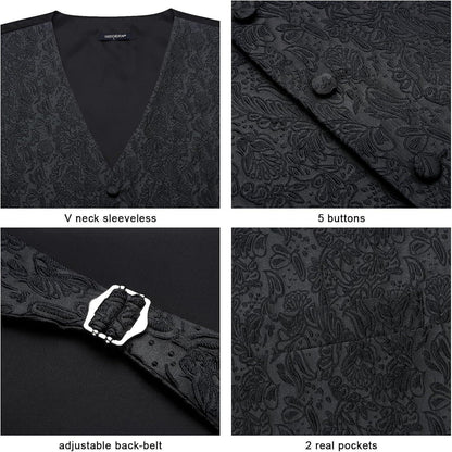 Herren Weste Krawatte Einstecktuch Set Jacquard Seide M Schwarz