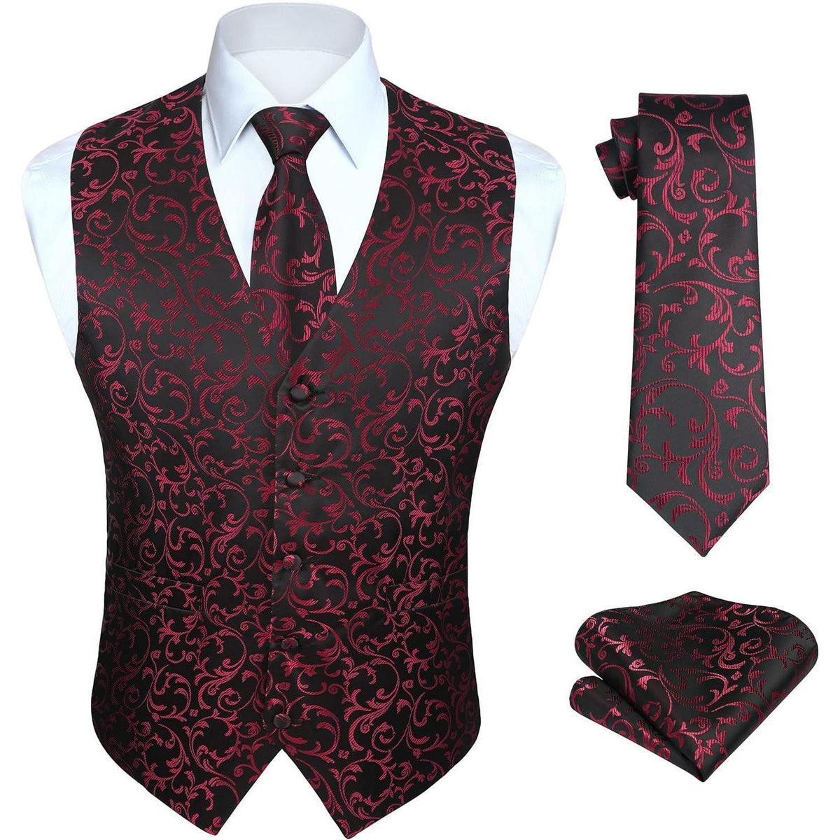 Herren Weste Krawatte Einstecktuch Set Jacquard Blumenmuster Schwarz Rot