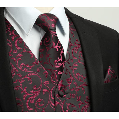 Herren Weste Krawatte Einstecktuch Set Jacquard Blumenmuster Schwarz Rot