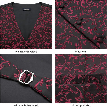 Herren Weste Krawatte Einstecktuch Set Jacquard Blumenmuster Schwarz Rot