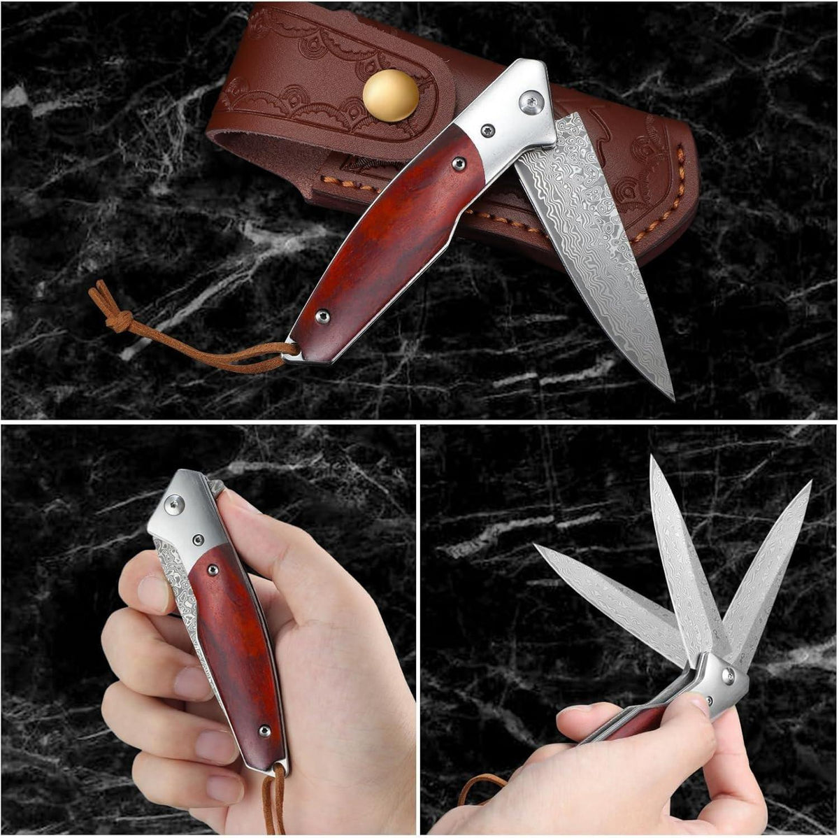 Dragon Creek Damast Klappmesser EDC Taschenmesser mit Lederscheide