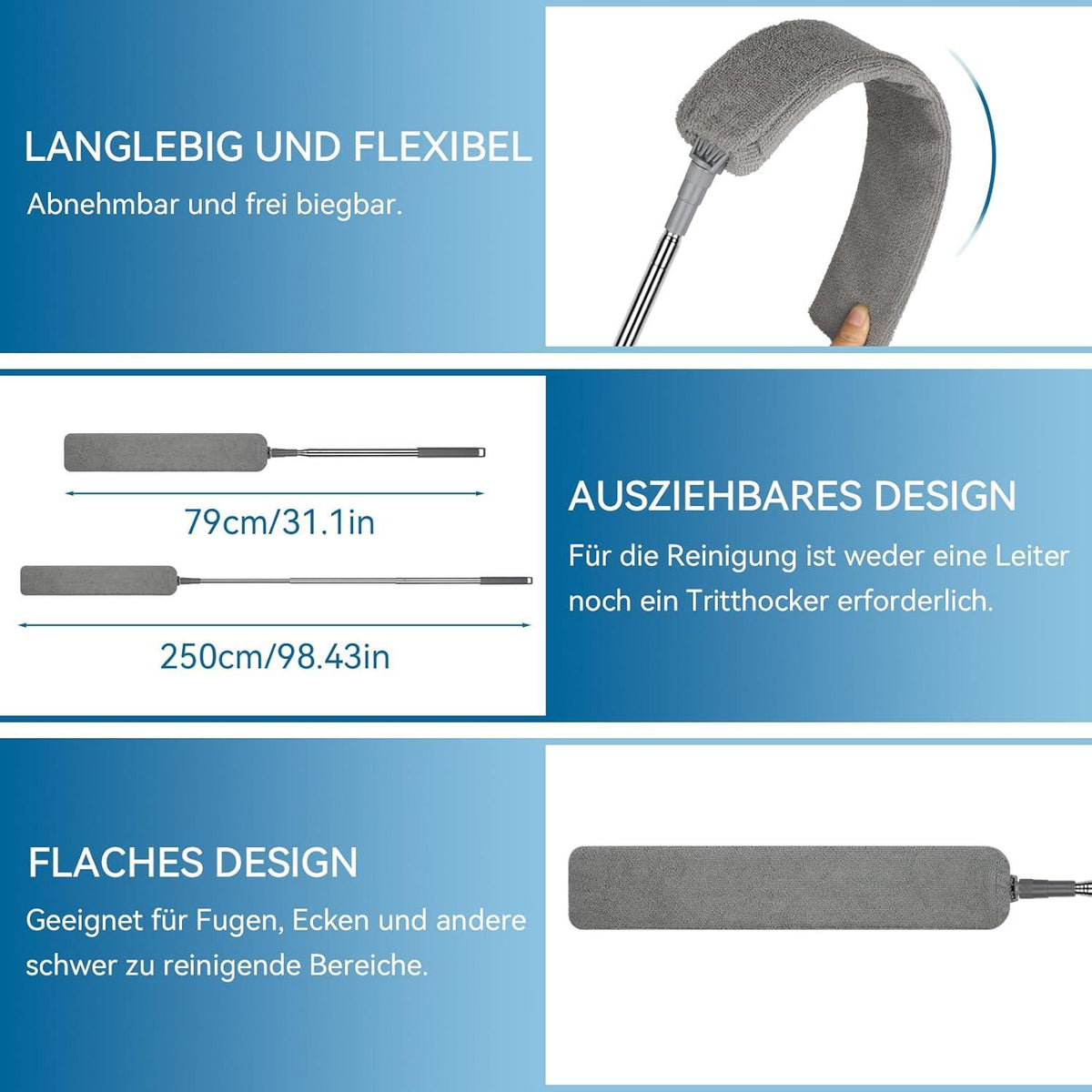 Ausziehbarer Teleskop Staubwedel mit Edelstahl Stange 1.2m-2.5m