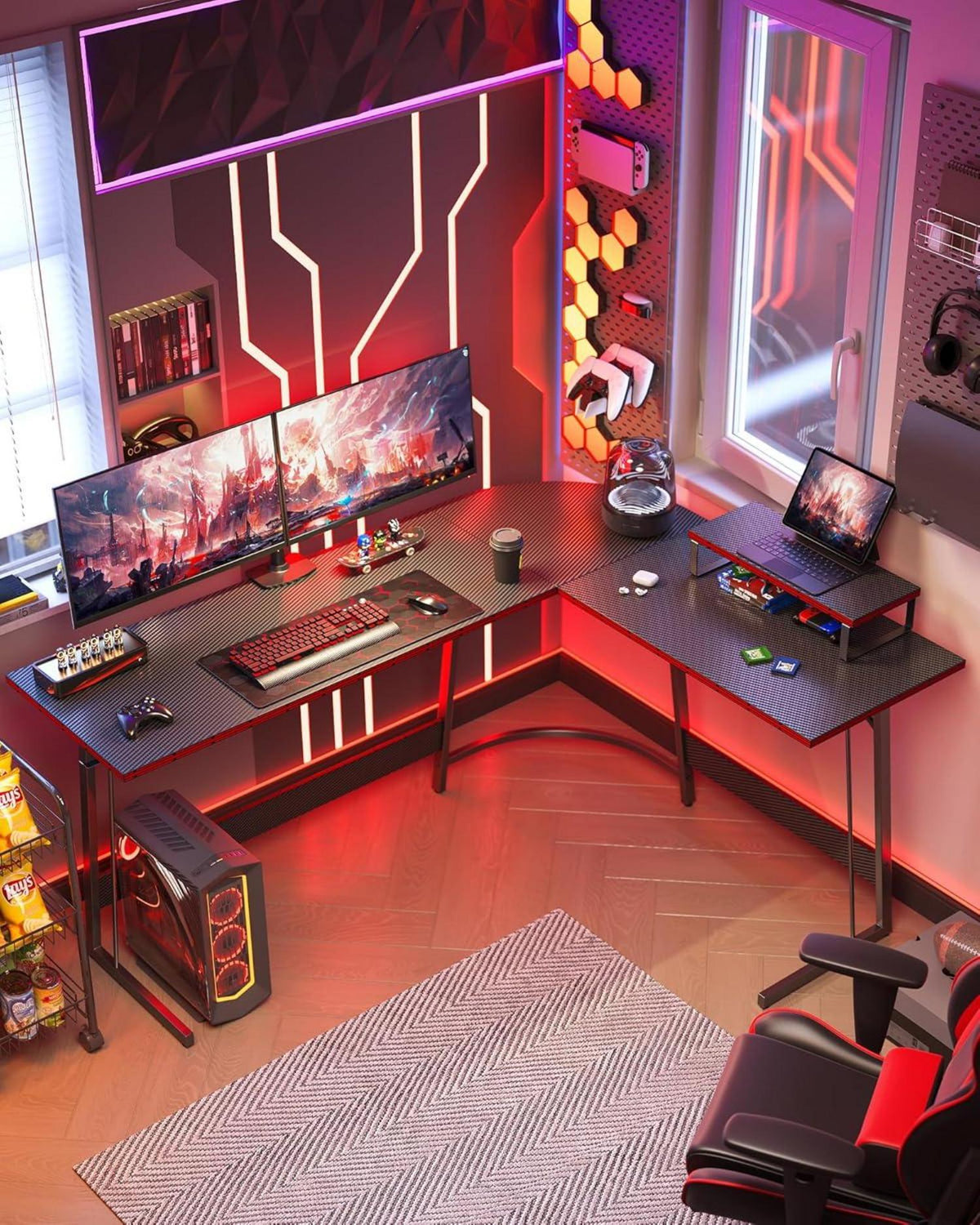 Gaming Tisch L-Form 150x120 cm Monitorständer Kohlefaser