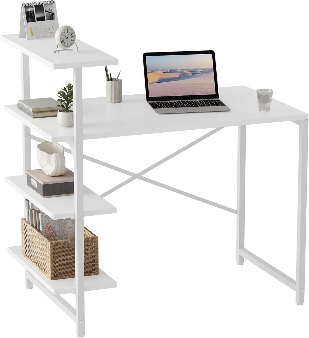 Schreibtisch mit Regal 100x50cm 3-stöckiges Stahlgestell Weiß/W