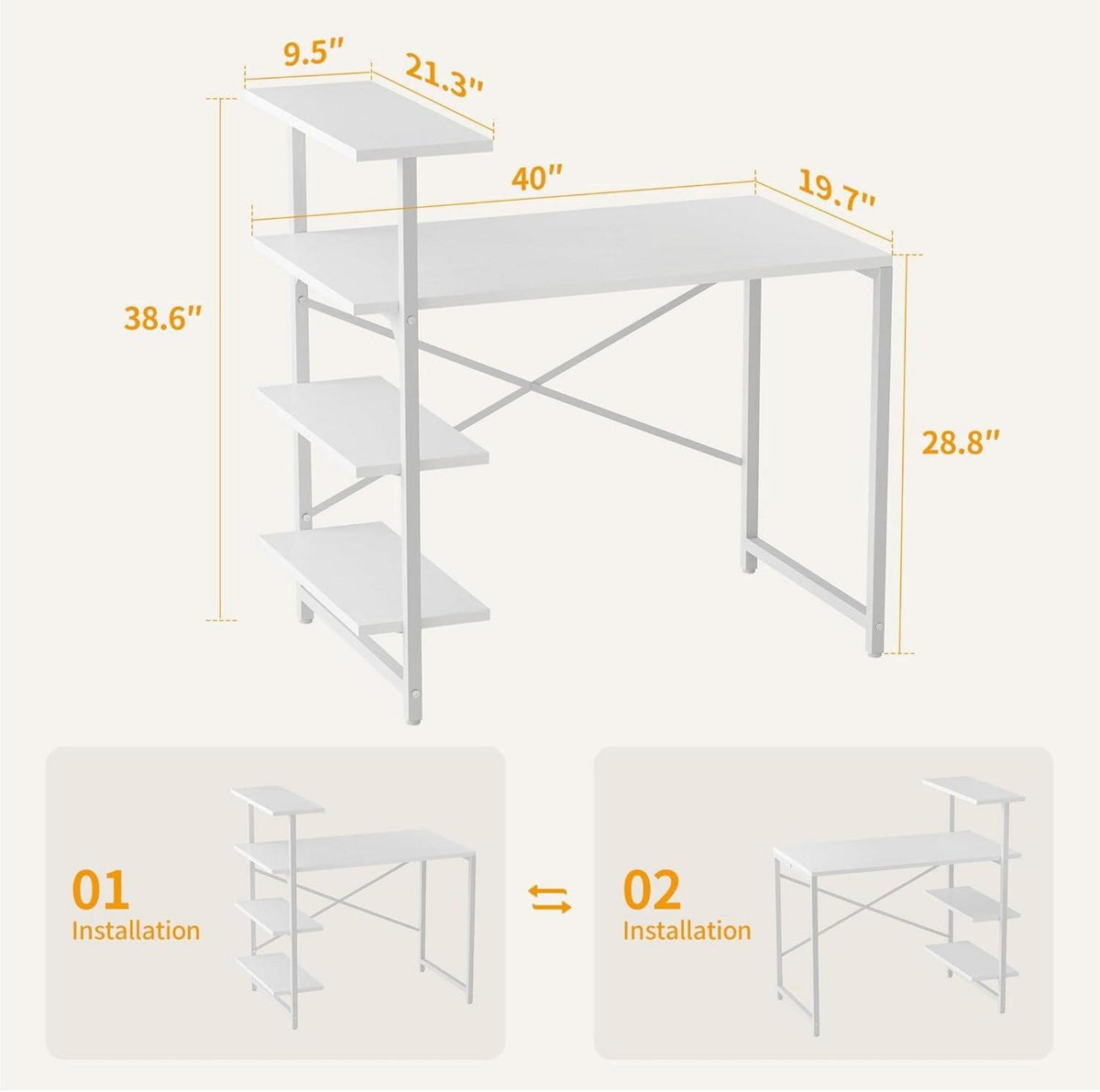 Schreibtisch mit Regal 100x50cm 3-stöckiges Stahlgestell Weiß/W