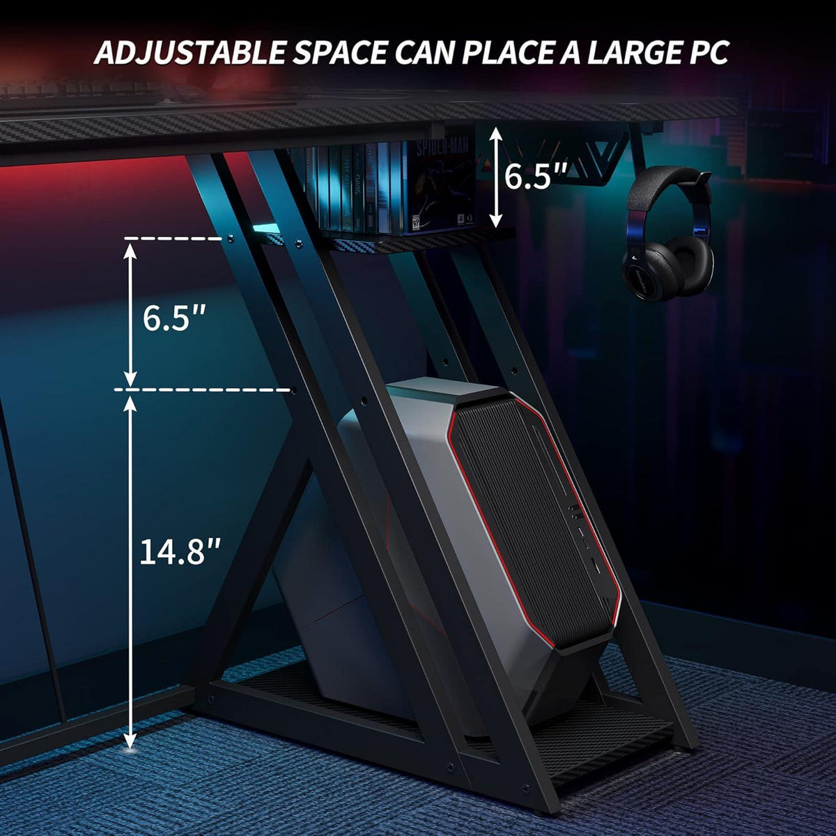 Gaming Computertisch mit LED-Leuchten, Ablagefächern, 120 cm Eckschreibtisch ✓ Schwarz