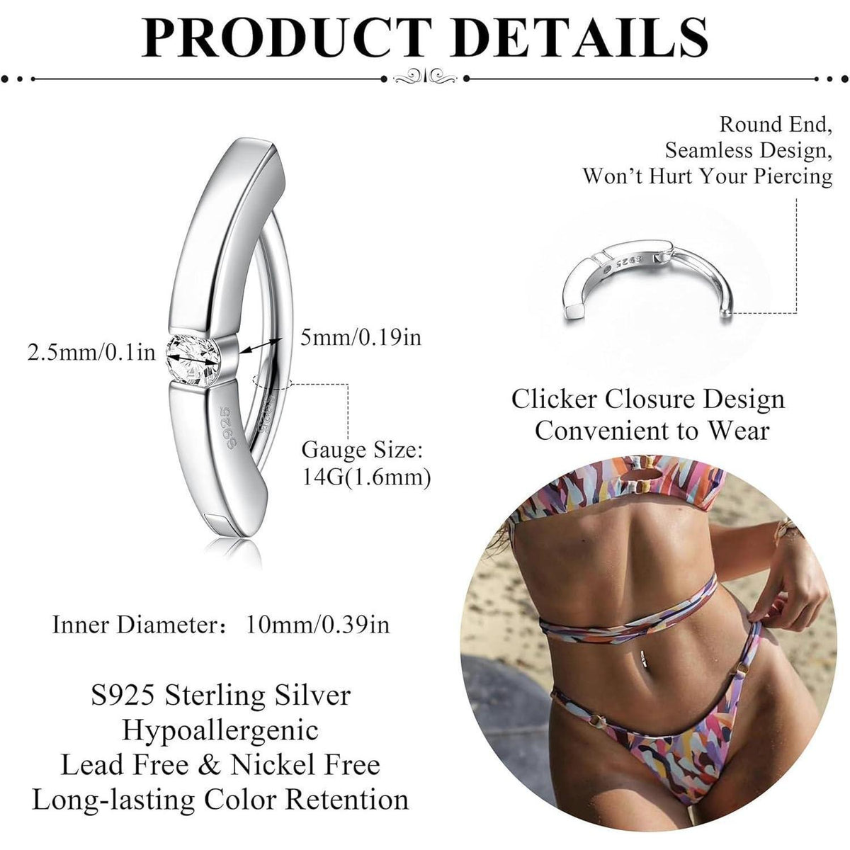 Bauchnabelpiercing Silber 925 Clicker mit Zirkonia, hypoallergen