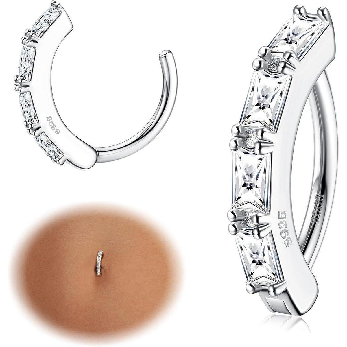 Bauchnabelpiercing Ring Silber 925 mit Zirkonia, 14G Clicker