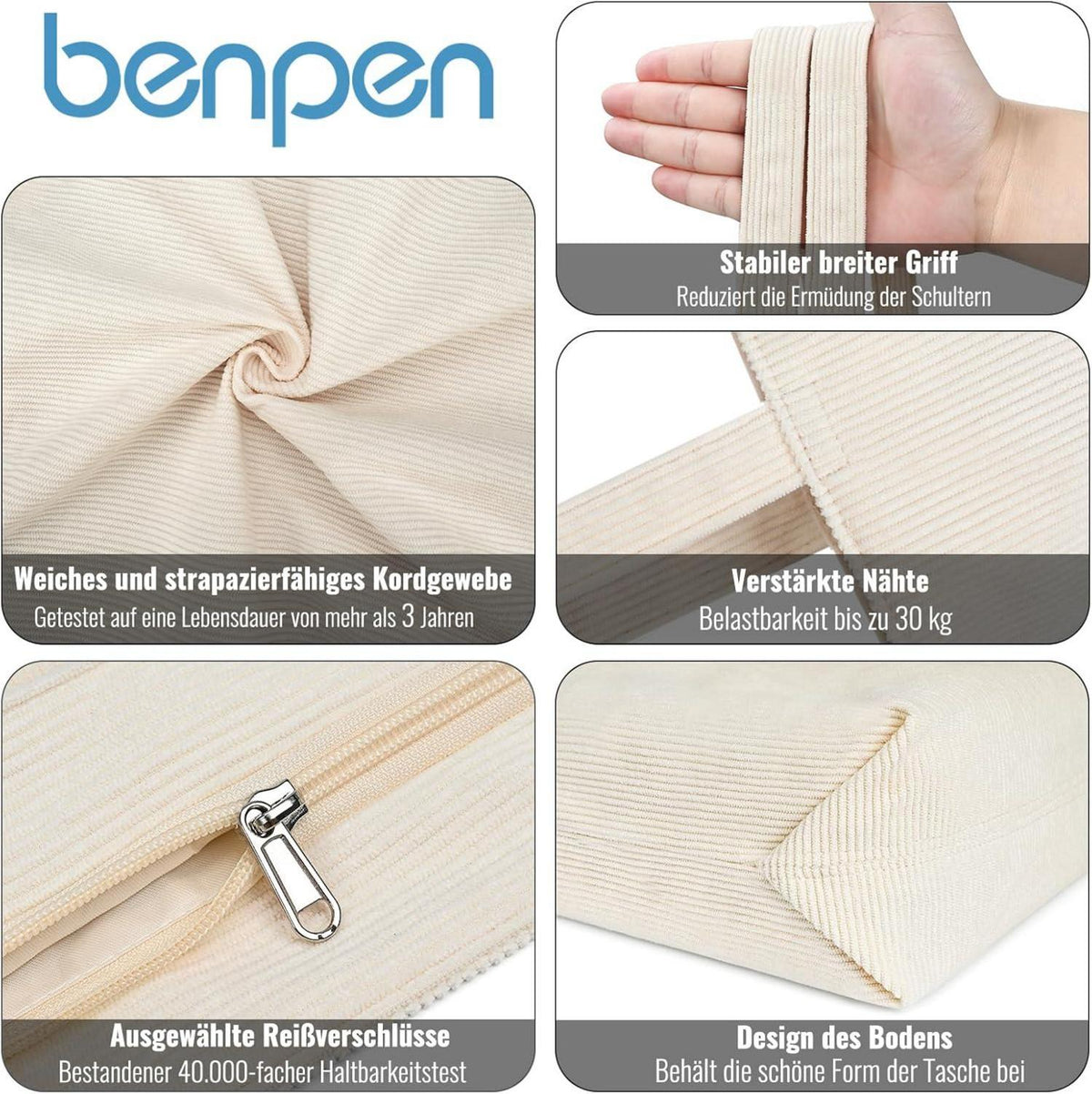 benpen Cord Uni Tote Bag Damen Beige Reißverschluss Tasche groß mit Fächern