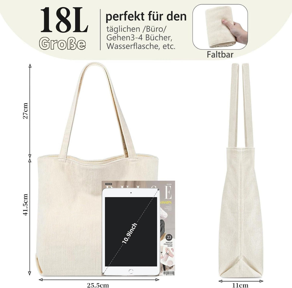 Cord Uni Shopper Damen Handtasche Beige groß mit Reißverschluss und
