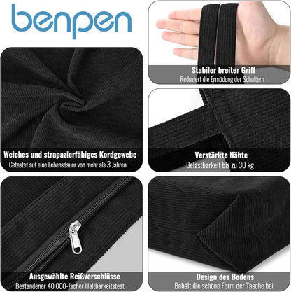 Große Cord-Tasche Damen, Umhängetasche mit Reißverschluss