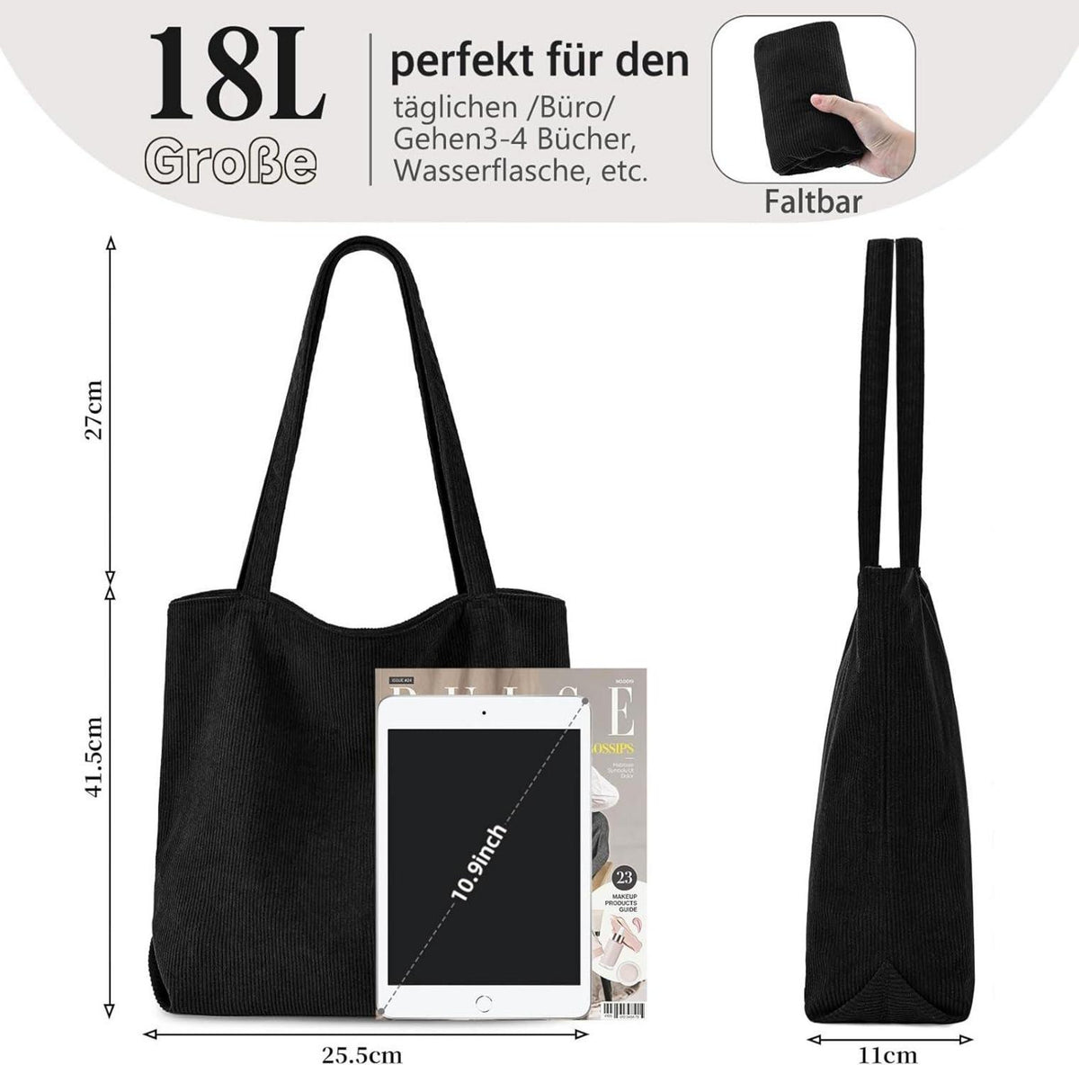 Große Damen Tote Bag Shopper Cord Tasche Reißverschluss Umhängetasche