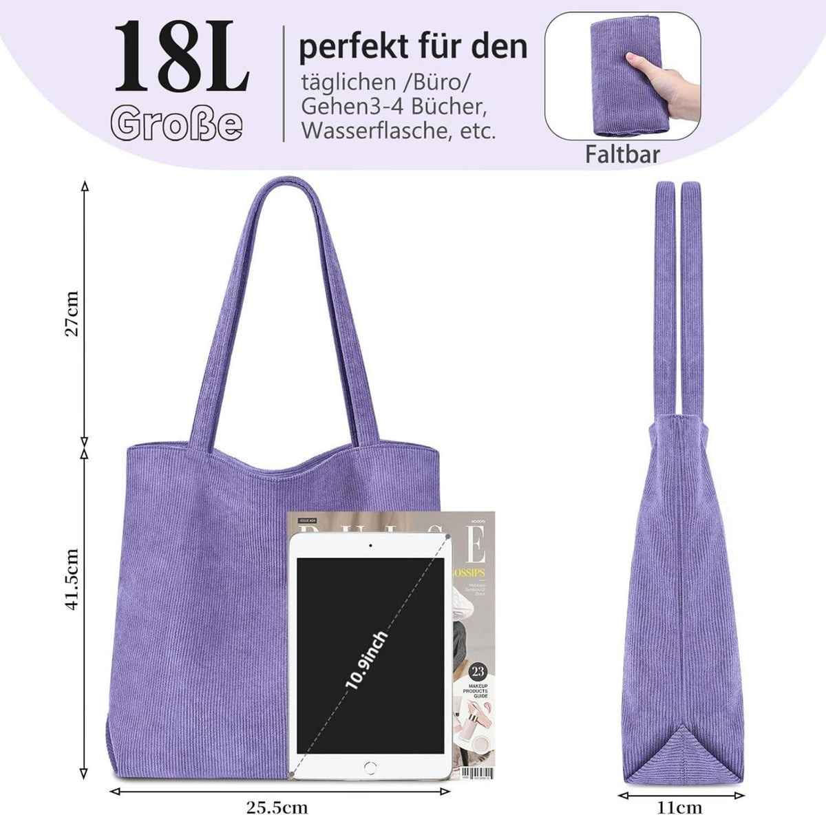 Damen Cord Handtasche Groß Shopper Umhängetasche Tote Bag-Reißverschluss