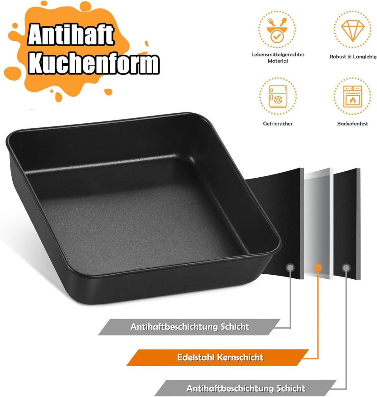 Quadratische Auflaufform Edelstahl 20cm 2er Set Antihaftbeschichtet