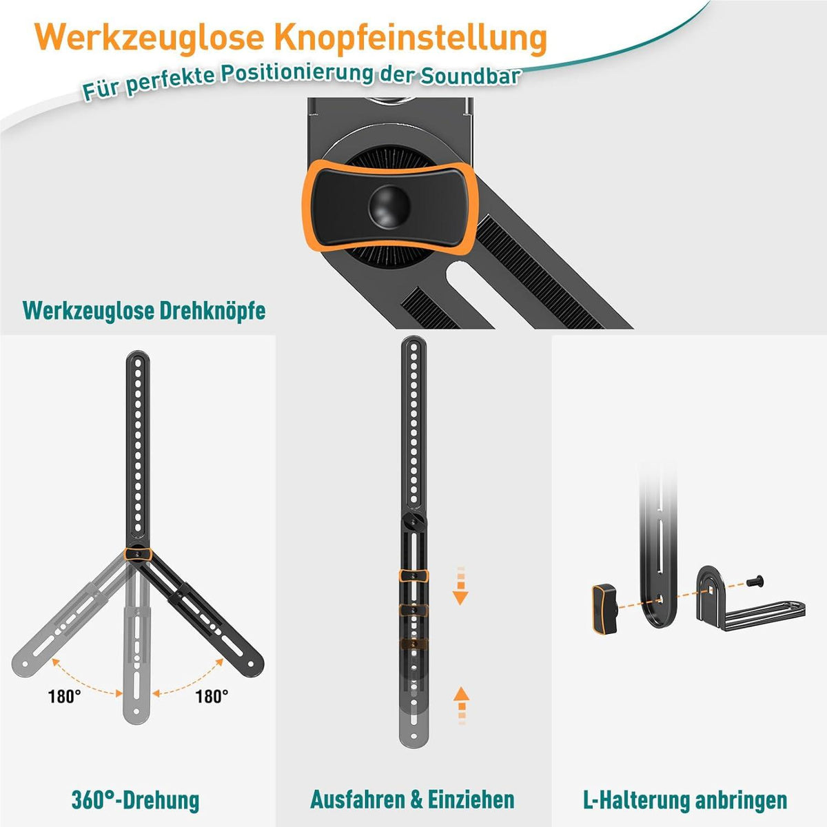 ELIVED Soundbar Halterung bis 6.8kg, werkzeuglos verstellbar, abnehmbare Verlängerungsarme EV5010