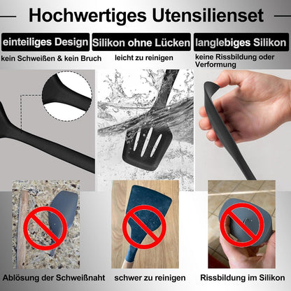 12-teiliges Silikon Kochgeschirr Set mit Utensilienhalter, Schwarz - Küchenhelfer, Hitzebeständig, Antihaft, Spülmaschinenfest