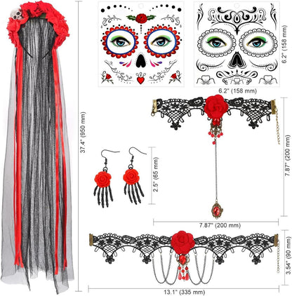 HOWAF Halloween Dia De Los Muertos Kostüm Damen Haarreif Set