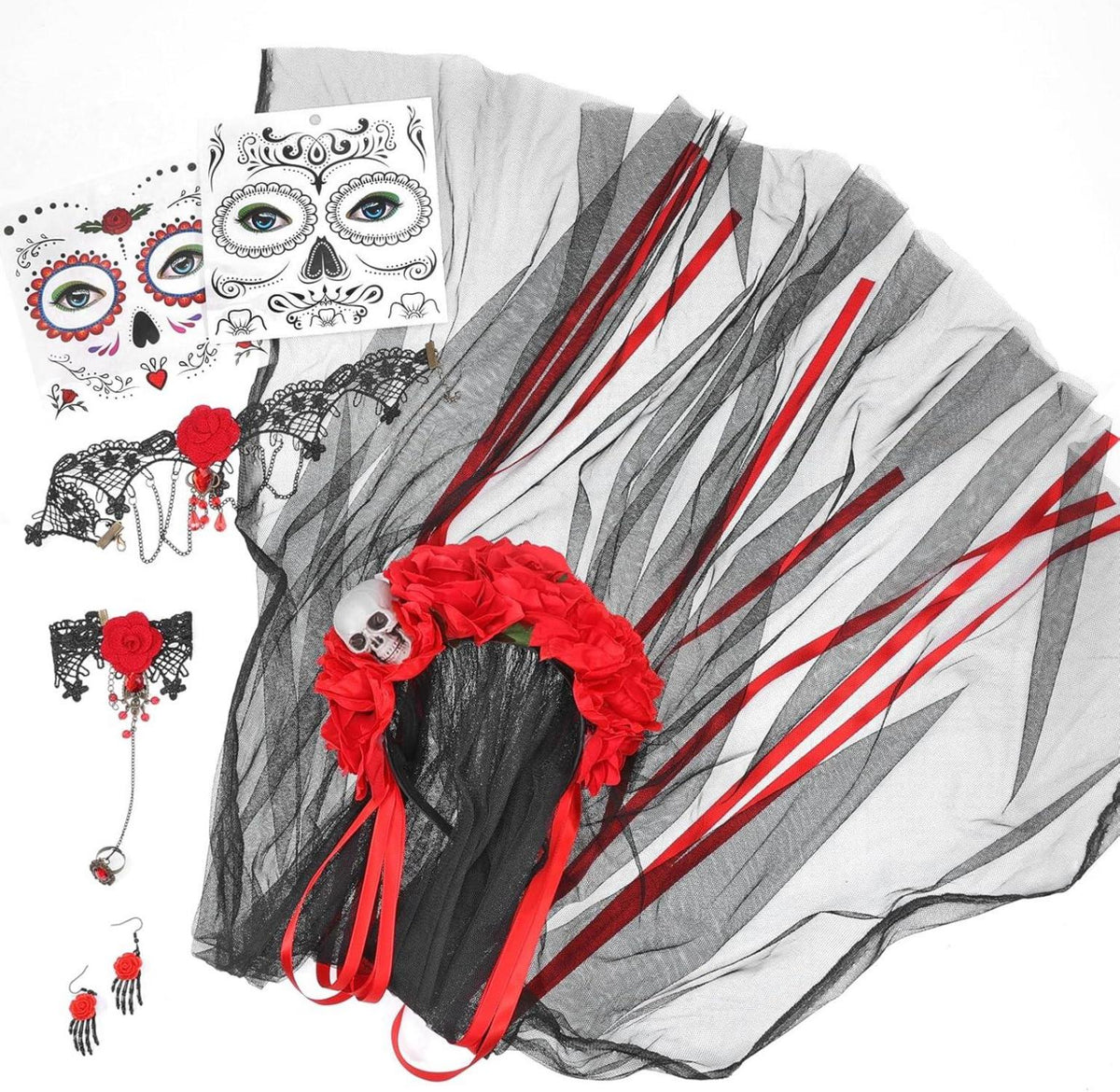HOWAF Halloween Kostüm Damen Dia De Los Muertos Haarreif Schleier Set