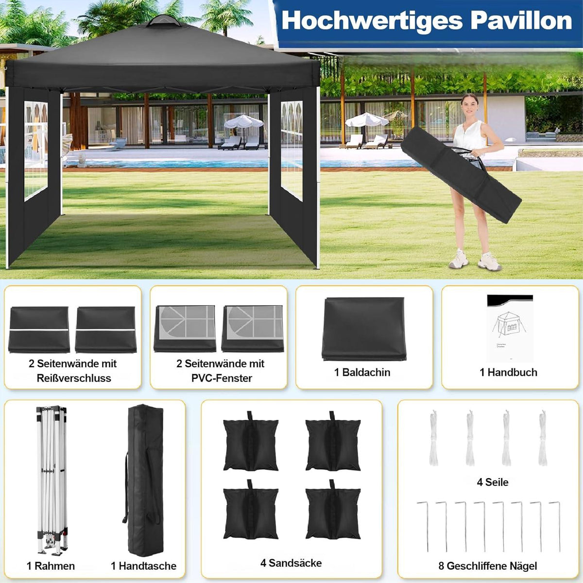 COBIZI Pavillon 3x3m Schwarz, UV-Schutz 50+ Wasserdicht Winterfest mit Seitenteilen & Sandsäcke
