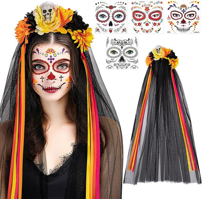 Dia De Los Muertos Haarreif Schleier Halloween Gesicht Tattoos