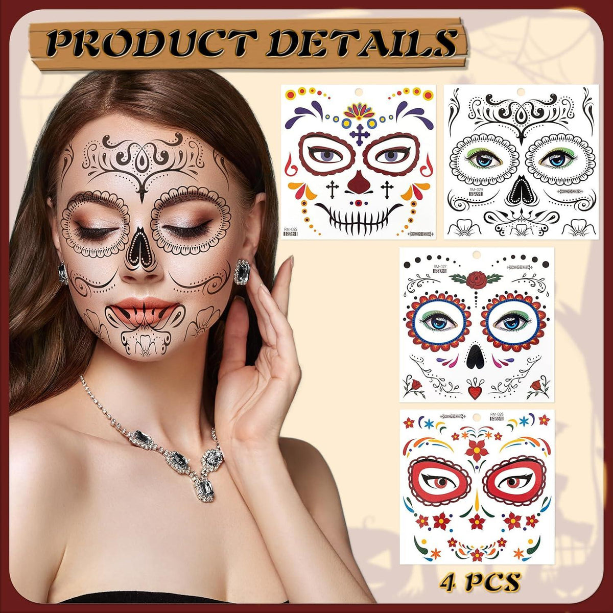 HOWAF Halloween Kostüm Damen Dia De Los Muertos Haarreif Schleier Gesicht Tattoos