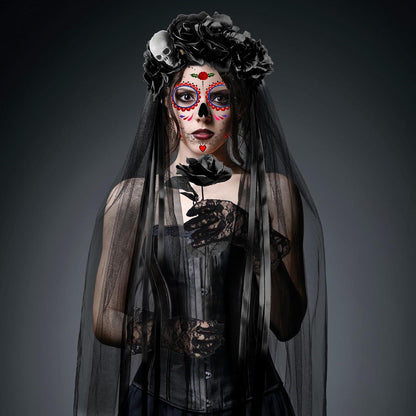 Dia De Los Muertos Damen Halloween Kostüm Set Blumen Haarreif Tattoos Schwarz