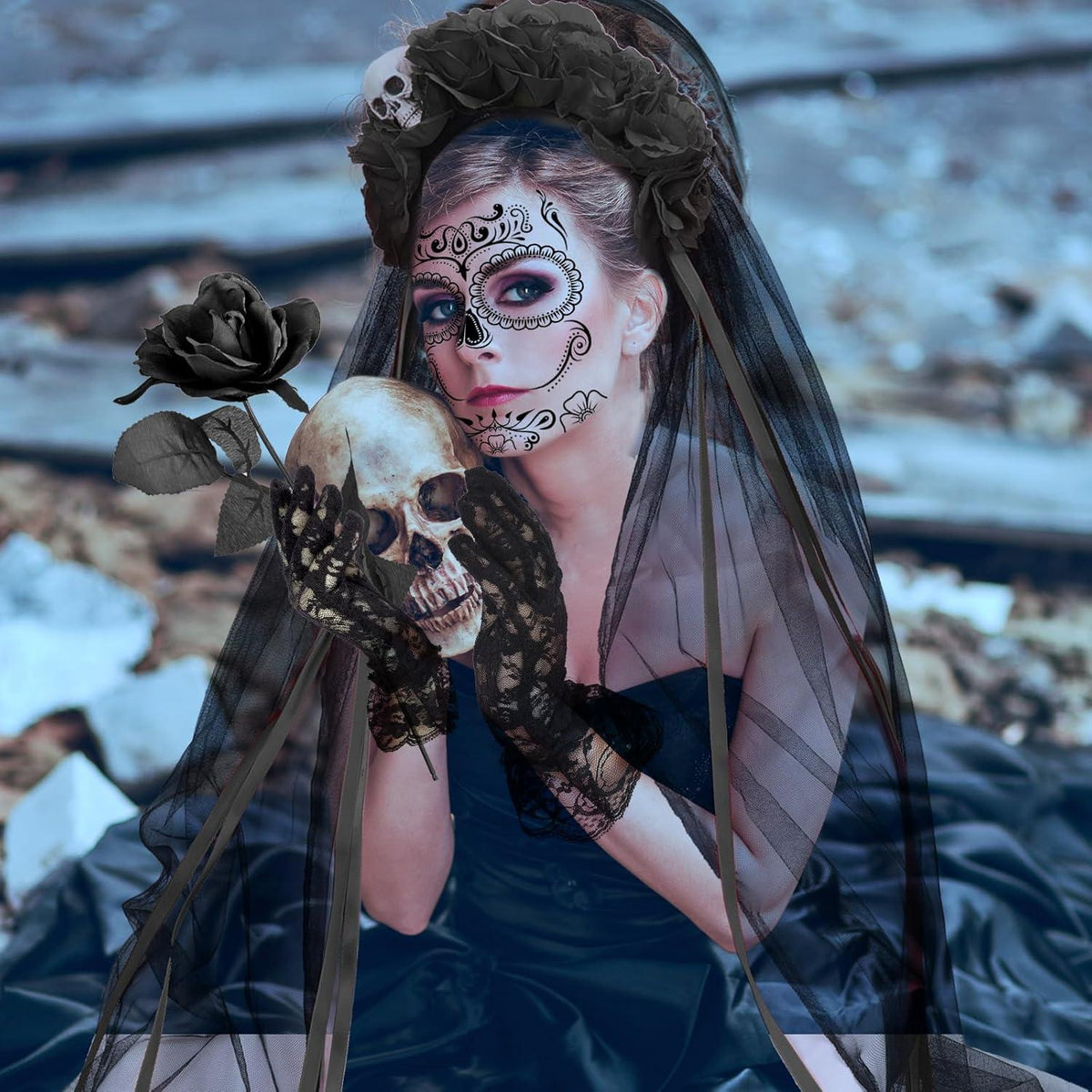 Dia De Los Muertos Damen Halloween Kostüm Set Blumen Haarreif Tattoos Schwarz