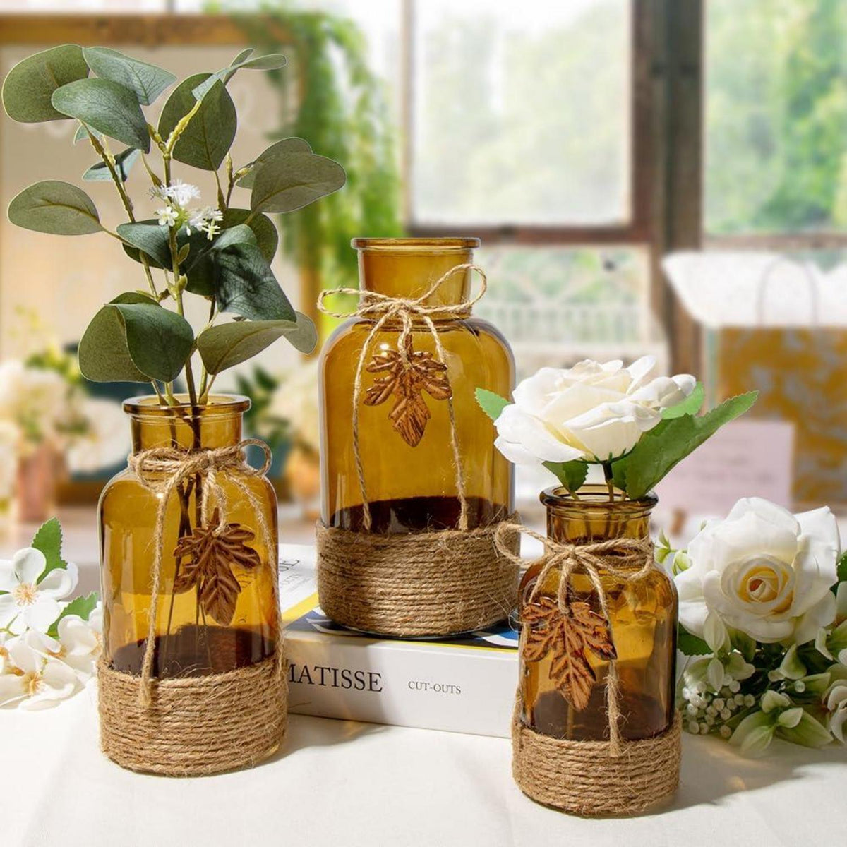 Glasvase Zylindrisch Boho Dekovase Blumenvasen Tischvasen 3er-Set Grau