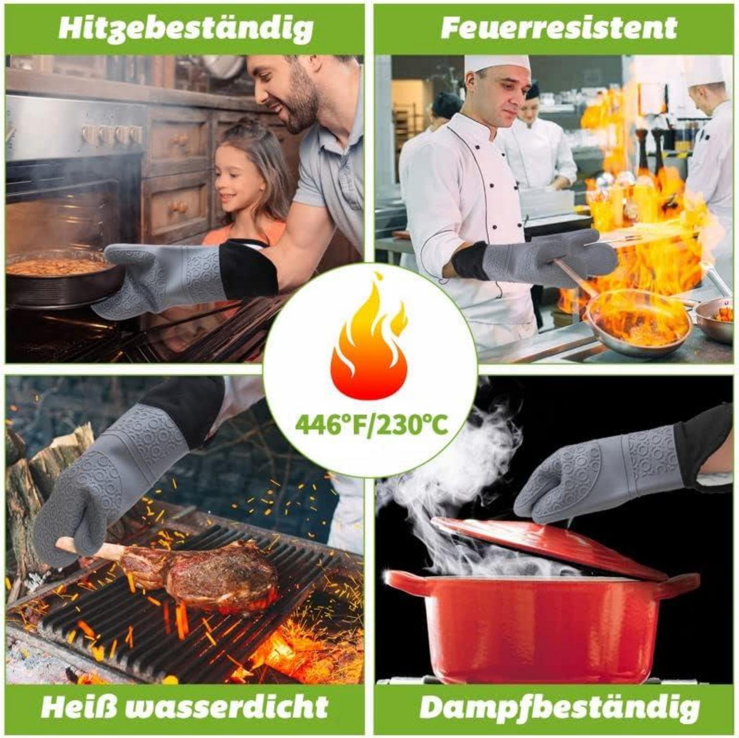 Ofenhandschuhe und Topflappen - Silikon Set, hitzebeständig, extra lang, rutschfest